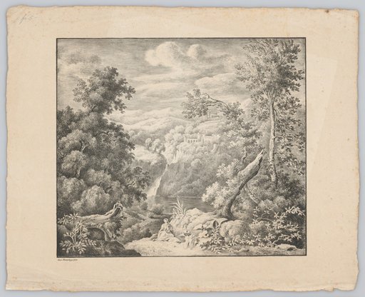 Italian Mountain Landscape with Church and Castle Ruin. In the Foreground, a Seated Woman with Child as a Figure
