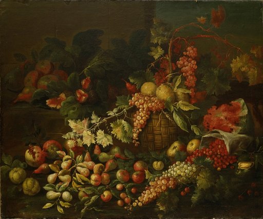 Still Life with Fruit Basket and Fruits Before a Wall