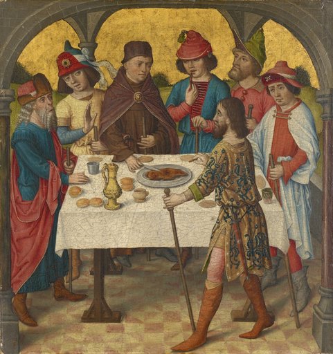 The Passover Meal (Inside); Pattern of Stars and Monogram "IM" [Jesus/Mary] in Gold on Red Ground (Outside)