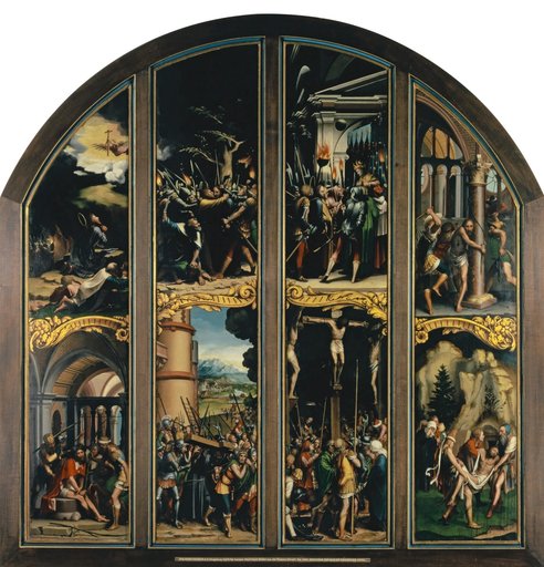 The Passion of Christ: Prayer in the Garden of Gethsemane, Arrest, Christ before Caiaphas, Scourging (Upper Register); Crowning with Thorns, Carrying of the Cross, Crucifixion, Entombment (Lower Register)