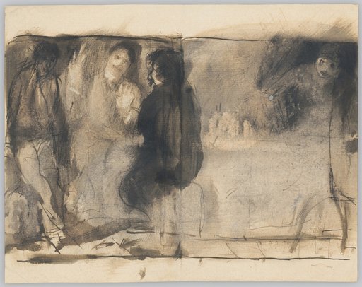 Three Seated Figures in Nightlight Eavesdropped Upon by a Figure Approaching from the Right