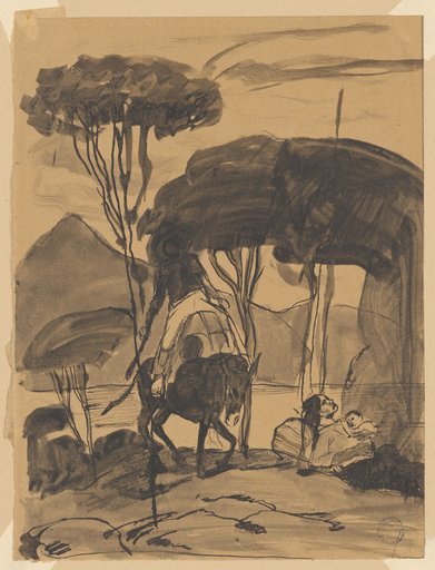Rider at the Lakeshore, Next to a Reclining Woman with a Small Child