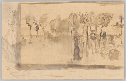 Composition Study with Figures Walking Under Trees at a Lakeshore