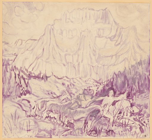 Shepherd and Flock Crossing a Mountain Stream in the Adelboden Area