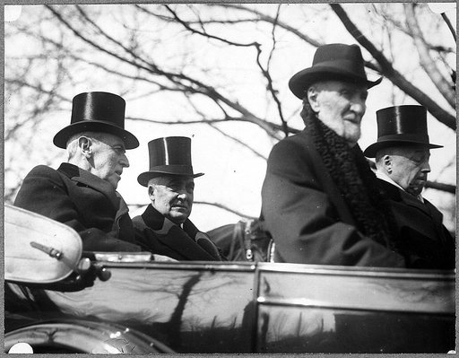 Woodrow Wilson, Warren G. Harding, Philander Knox, and Joseph Cannon, in convertible, March 4, 1921