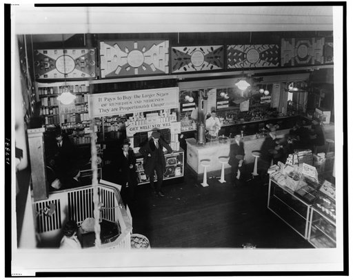 Aerial view of interior of People's Drug Store, 7th and E Streets, Washington, D.C., with soda fountain