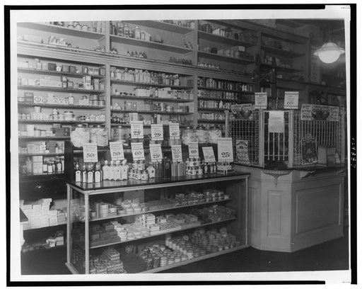 Interior of People's Drug Store, No. 9, 31st and M Streets, Washington, D.C., with products in display cases and on shelves
