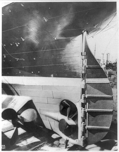 View of the stern and rudder of the TITANIC in drydock