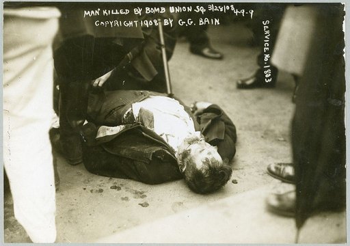 Dead man, killed by bomb at Anarchist riot, Union Square, New York City