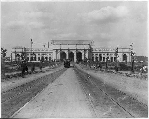Looking down trolley tracks toward Union Station, Washington, D.C.