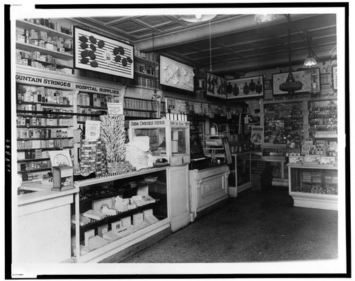 Interior of People's Drug Store, 7th and M Streets, Washington, D.C., with products in display cases and on shelves