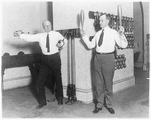 Vice Pres. Coolidge and House Speaker Gillett exercising in House gym. Jan. 31, 1923