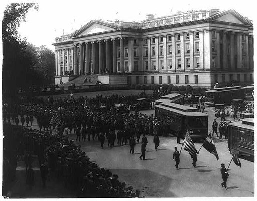 G.A.R. marching in Grant memorial parade, Washington, D.C., looking across Pennsylvania Ave to Treasury building