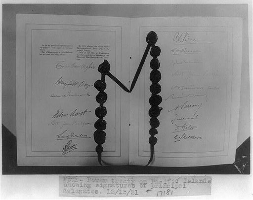 Four-power treaty on Pacific Islands showing signatures of principal delegates, 12/15/21
