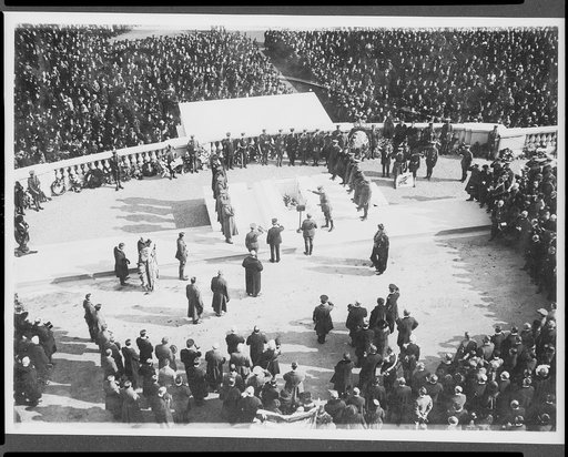 Overhead view of ceremonies at the burial of the unknown soldier in Arlington National Cemetery