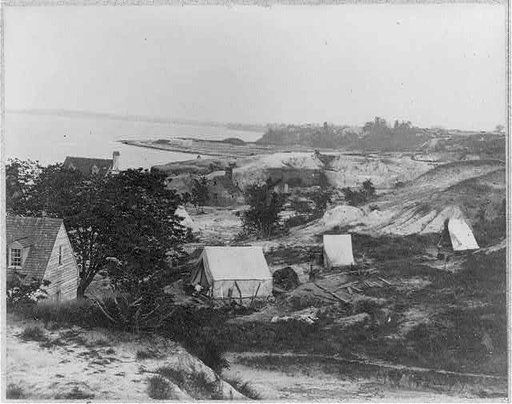Yorktown, Virginia. View from Cornwallis cave. Confederate Water Batts. McClellan No. 1 Bat. In the distance