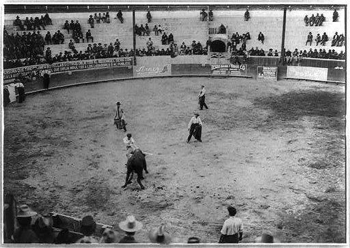Bull fight, Mexico: matador and bull in arena; bull is seen from rear