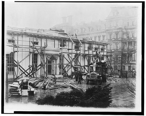 Scene at the Executive Offices undergoing repairs, which at present presents more of the appearance of a junkyard than the office of the President of the U.S.