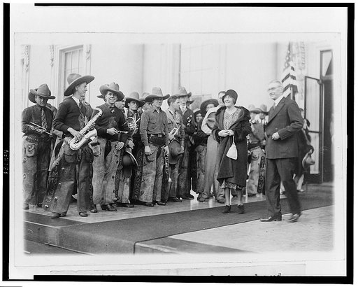 Mrs. Hoover greets the cowboy band of Simmons University, Abilene, Texas
