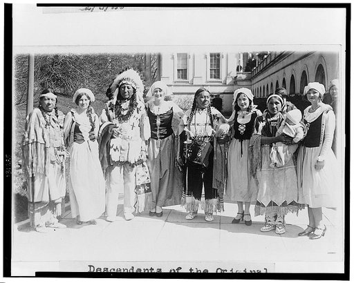 Descendants of the original Americans and the early French settlers meet at the White Hou[se] as callers on their president