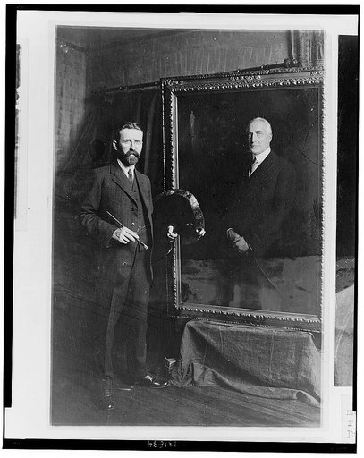 E. Hodgson Smart, the prominent English painter, and his canvas of President Harding which he has just completed