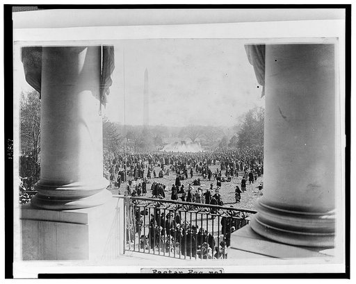 Easter egg rolling at the White House today, view from the south portico looking toward the Wash[ington] Monument