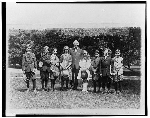 With members of the nature study class of John Buroughs [sic] School whom he invited to the White House to see an owls nest in the grounds