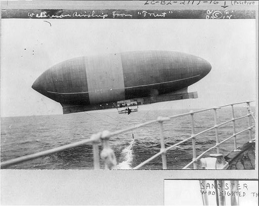 Wellman airship "America" viewed from the RMS TRENT, shown dragging anchor in water