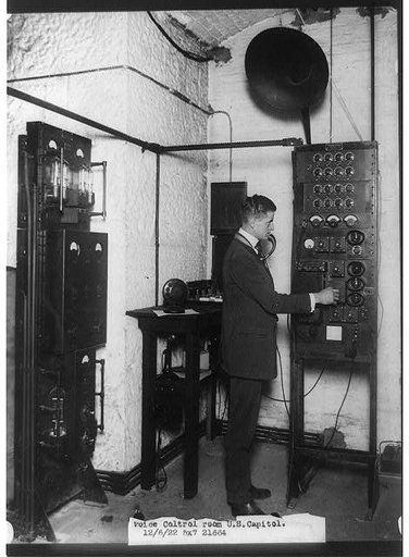 Man working at machine in the Voice Control Room at the U.S. Capitol