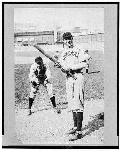 Arthur "Solly" Hofman batting and Jack Pfiester, a pitcher playing catcher, Chicago NL, (baseball)