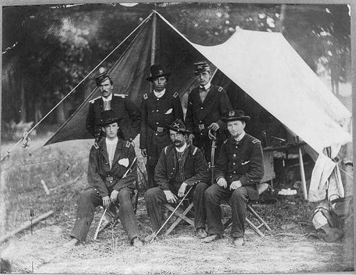 Lt. Rufus King, Lt. Alonzo Cushing, Lt. Evan Thomas and three other artillery officers in front of tent, Antietam, Md.