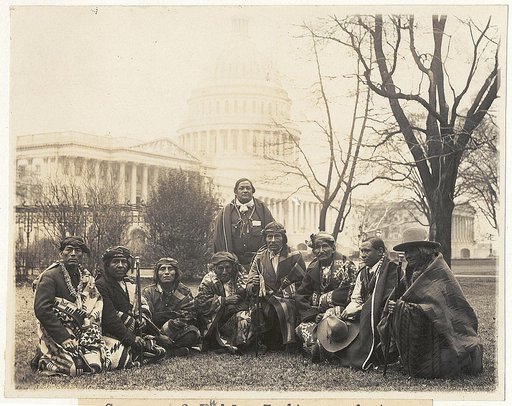 Group of Pueblo Indians photographed at the U.S. Capitol today. This is the first time since the Lincoln Administration that the Pueblo Indians have sent a delegation to Wash. They appeared before the Senate Lands Committee