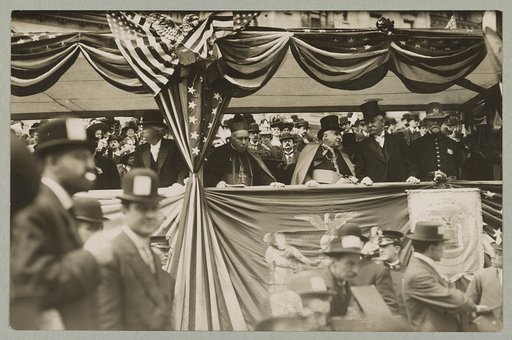 Reviewing stand - Samuel Clemens, Cardinal Louge, Archbishop Farley and James Farley, oldest policemen in parade of 1908