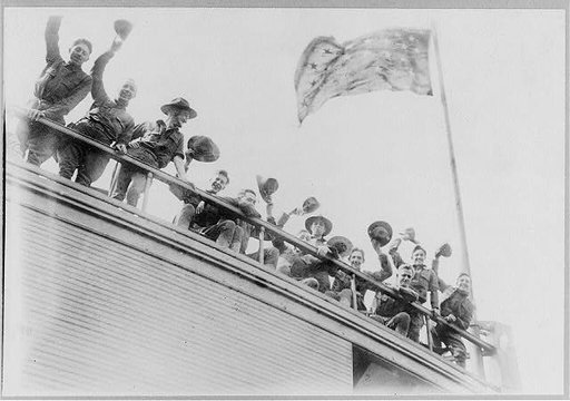 N.Y. National Guard training and maneuvers at Fishkill and Peekskill, N.Y.: Men waving from railing of ferry enroute to Fishkill