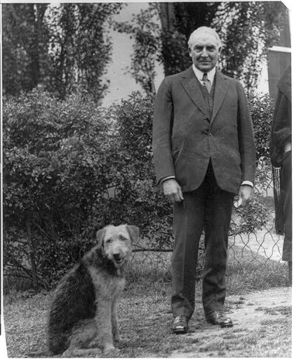 Warren G. Harding, full length, standing, facing front; with his airedale Laddie Boy