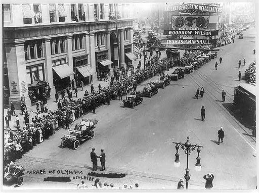 N.Y.C. - 5th Avenue - Parade of Olympic athletes, Aug. 1912; Democratic pres. banner is prominent