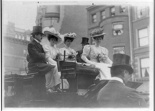 New York (City). Coaching club group on top of coach: Mr. & Mrs. Robert Brewster, Mrs. O. Gould Jennings and Rosamond Street