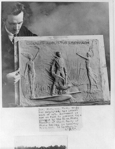 Joseph Anthony Atchison, 1895- ; with his plaque commemorating Charles Lindbergh