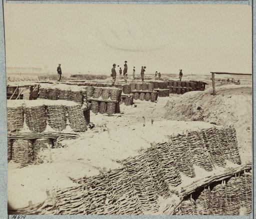 A group of soldiers stand on gabions used as fortifications near Petersburg, Virginia