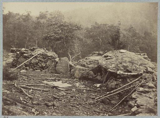 Battle-field of Gettysburg. Temporary entrenchments thrown up by the Federal troops on Little Round Top. Big Round Top in the background