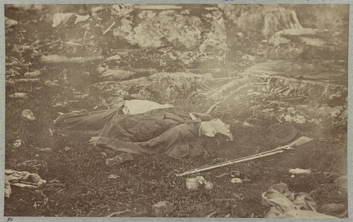 Battlefield of Gettysburg. Dead Confederate sharpshooter at foot of Little Round Top