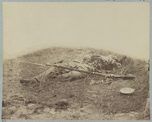 Battlefield of Gettysburg.  Body of a soldier in "the wheat field," evidently killed by the explosion of a shell