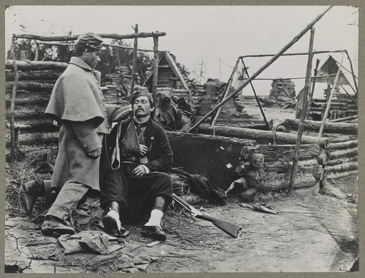 Scene showing deserted camp and wounded soldier (Zouave), 1865(?)