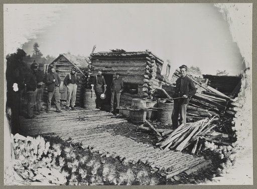 Civil War camp scene, showing company kitchen, 1863(?)