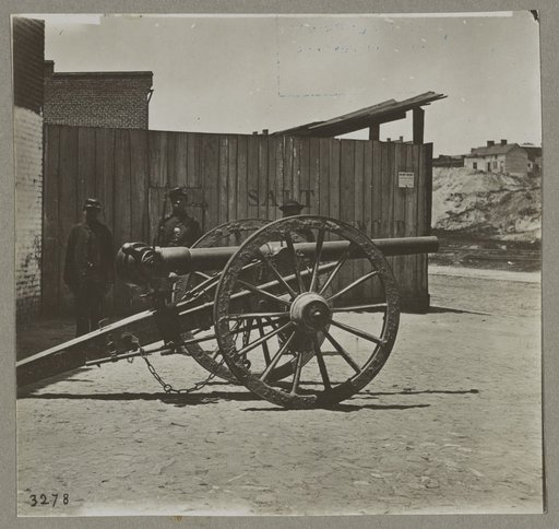 Captured Whitworth gun on wharf awaiting shipment, April 1865, 6278, Richmond, Va.