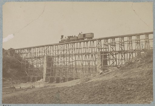 Potomac Creek bridge - Acquia (i.e. Aquia) Creek Railroad built by U. S. M. R.R. construction corps in nine days from standing timber
