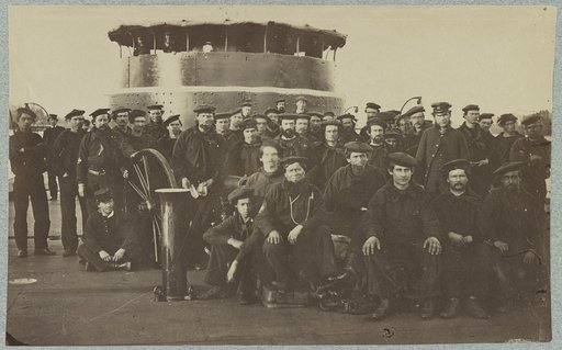 Group portrait of the crew on the deck of an ironclad