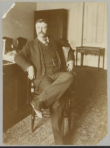 Theodore Roosevelt, full-length portrait, in office sitting in chair , facing front