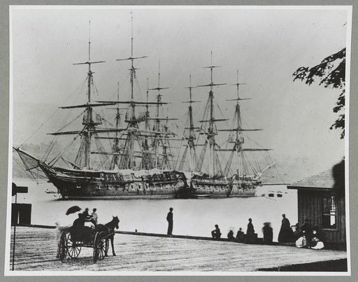 Three U.S. Navy ships, from left, the Macedonian, the Dale, and the Savannah anchored at the south wharf of West Point, Hudson River, New York