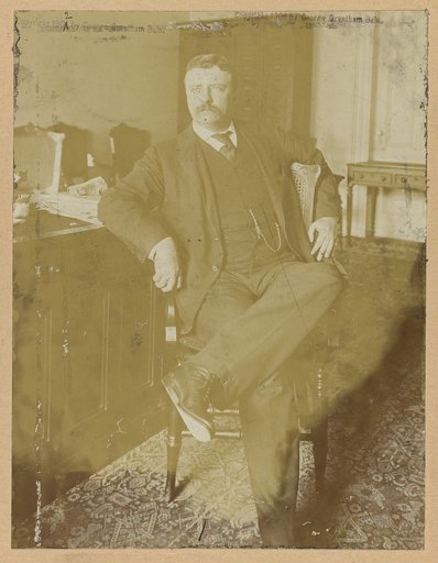 Theodore Roosevelt, three-quarter length portrait, seated in front of desk with legs crossed